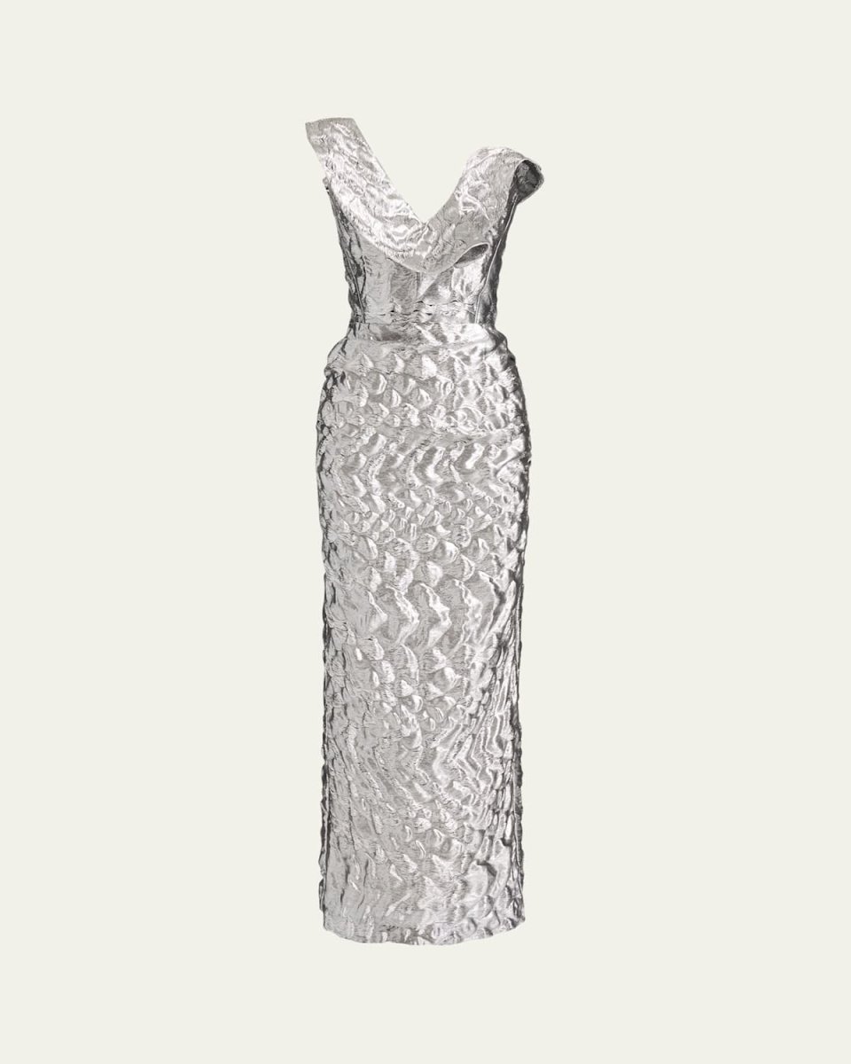 Requiem Strapless Ruffle Metallic Midi Dress